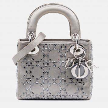 Dior Silver Mini Satin Cannage Strass Crystal Embellished Lady Dior