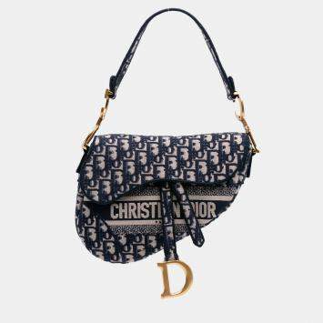 Dior Navy Blue Oblique Embroidered Canvas Saddle Bag