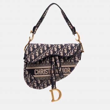 Pre Owned Dior Blue Oblique Embroidered Canvas Saddle Bag