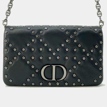Christian Dior Lucky Star Black Caro Cannage Studs Leather Wallet On Chain