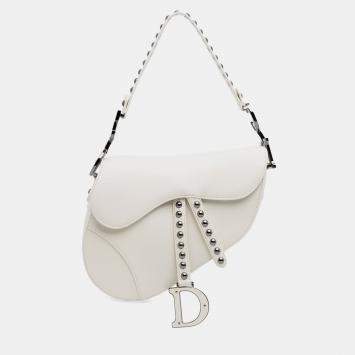 Dior White Studded Leather Saddle Bag