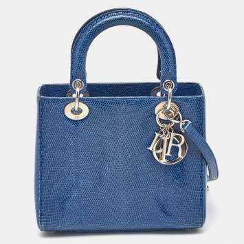 Pre Owned Dior Blue Lizard Leather Medium Lady Dior Tote