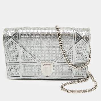 Dior Silver Microcannage Patent Leather Diorama Wallet on Chain