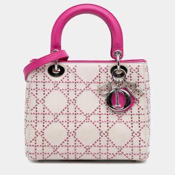 Dior Lady Dior Medium Pink/White Lambskin Cannage Stitched Tote Bag