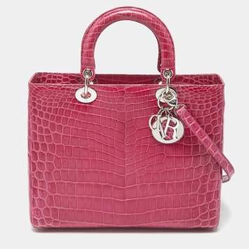Pre Owned Dior Fuchsia Shine Crocodile Large Lady Dior Tote