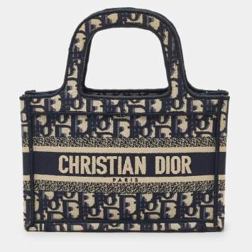 Pre Owned Dior Navy Blue Oblique Canvas Mini Book Tote