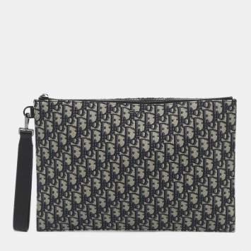 Dior Navy Blue Oblique Canvas and Leather A4 Clutch