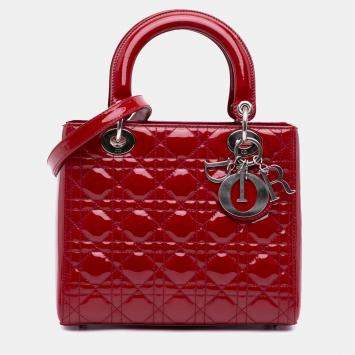 Pre Owned Dior Red Medium Patent Cannage Lady Dior