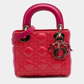 Pre Owned Dior Red Mini Bicolor Lambskin Cannage Lady Dior