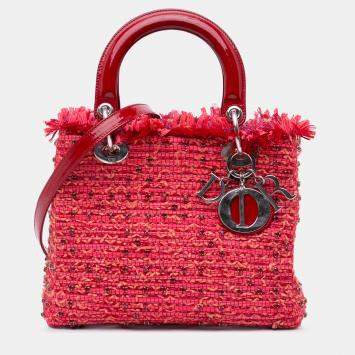 Pre Owned Dior Red Medium Tweed Fringe Rhinestone Lady Dior