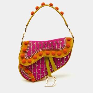 Dior Multicolor Velvet and Patent Leather Limited Edition Pom Pom Embellished Saddle Bag
