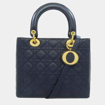 Pre Owned Dior Lady Dior Navy Calf Leather Handbag