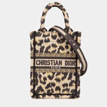 Dior Brown Mizza Mini Embroidered Canvas Leopard Vertical Book Tote