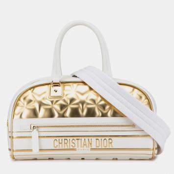 Dior Gold/White Medium Padded Etoile Leather Vibe Zip Bowling Bag