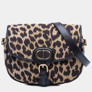 Pre Owned Dior Brown Mizza Medium Embroidered Canvas Leopard Bobby Crossbody