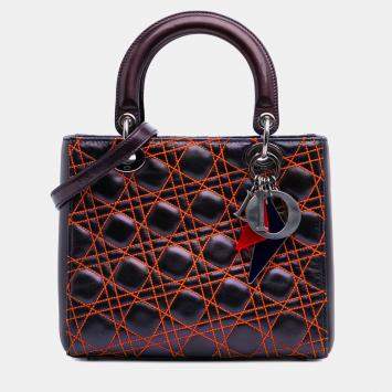 Pre Owned Dior Black Anselm Reyle Medium Metallic Lambskin Cannage Lady Dior