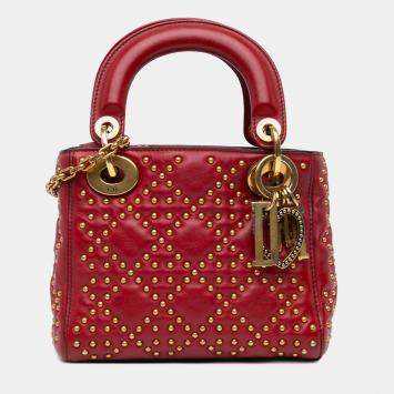 Dior Red Mini Lambskin Cannage Studded Supple Lady Dior