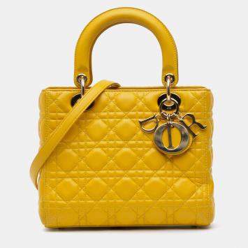 Pre Owned Dior Yellow Medium Lambskin Cannage Lady Dior