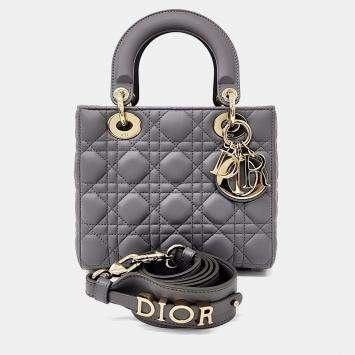 Pre Owned Dior Grey Leather Small Cannage Lady Dior Bag