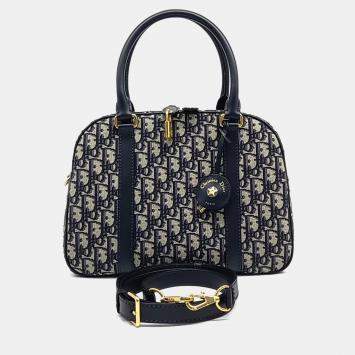 Pre Owned Dior Navy Blue Calf Leather Oblique D-Vibe Bowling Bag
