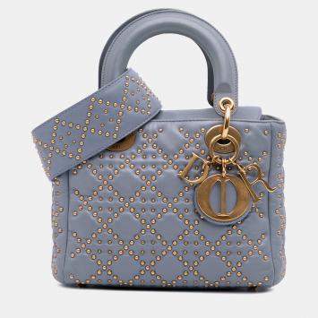 Dior Grey Small Lambskin Cannage Studded Supple Lady Dior
