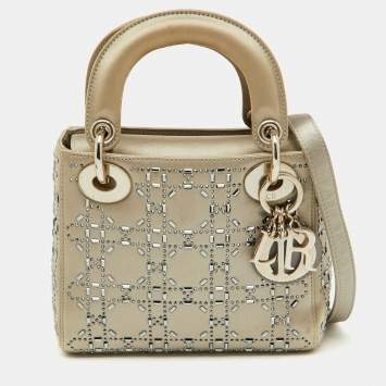 Pre Owned Dior Light Grey Satin Cannage Strass Crystal Embellished Mini Lady Dior Tote