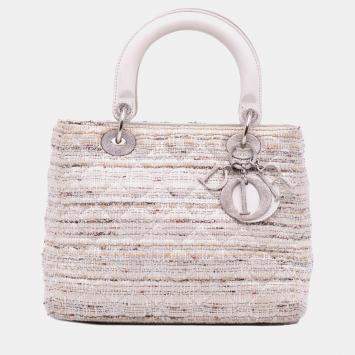 Dior White Medium Tweed Cannage Lady Dior