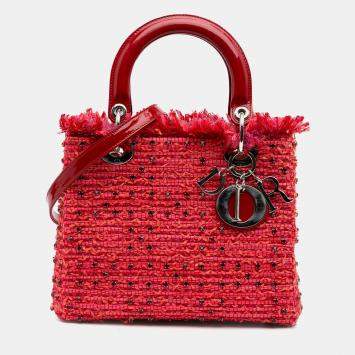 Pre Owned Dior Red Medium Tweed Fringe Rhinestone Lady Dior