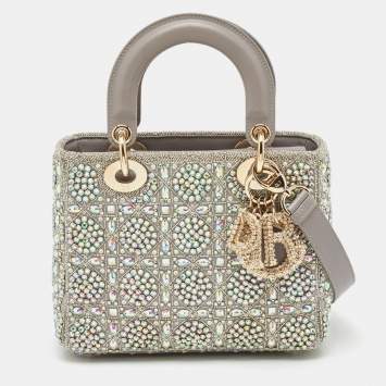 Dior Light Grey Leather and Satin Crystal Embellished Cannage Small Lady Dior Tote