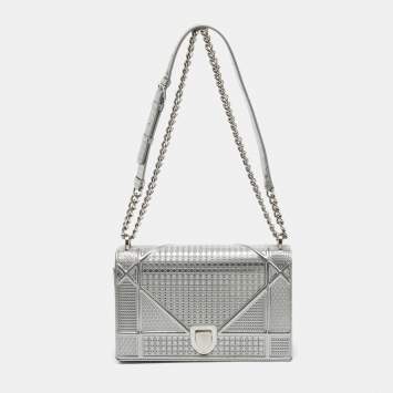 Dior Silver Microcannage Patent Leather Medium Diorama Shoulder Bag