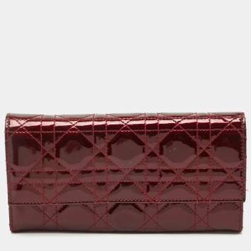 Pre Owned Dior Dark Red Cannage Patent Leather Lady Dior Wallet on Chain