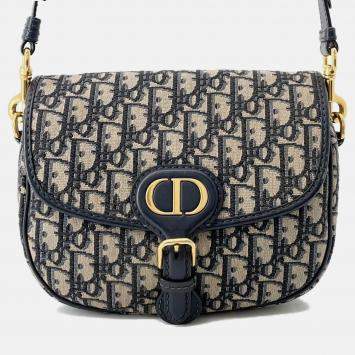 Pre Owned Dior Oblique Bobby Shoulder Bag Navy Canvas Leather