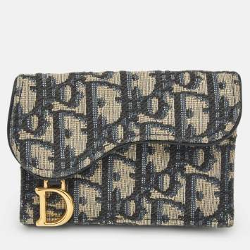 Dior Navy Blue Oblique Canvas Saddle 5 Gusset Card Holder
