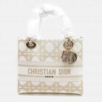 Pre Owned Dior Gold/White Fabric Medium D-LITE Lady Bag 