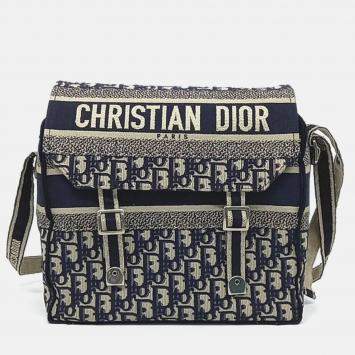 Pre Owned Dior Navy Blue Leather Oblique Camp Messenger Bag