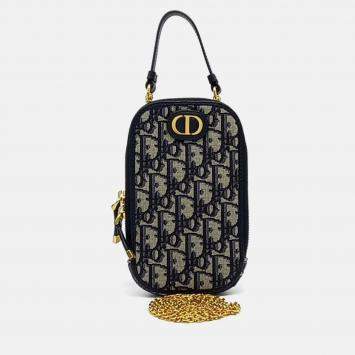 Pre Owned Dior Beige Navy Blue Canvas 30 Montaigne Oblique Phone Holder Crossbody Bag
