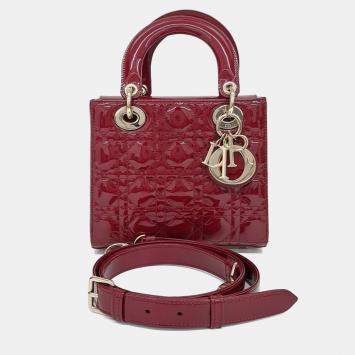 Pre Owned Dior Red Patent Leather Patent Cannage Lady Bag Small