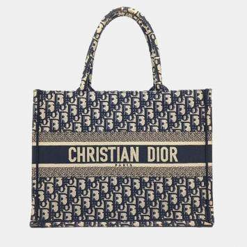 Dior Beige Navy Blue Canvas Oblique Book Tote Bag