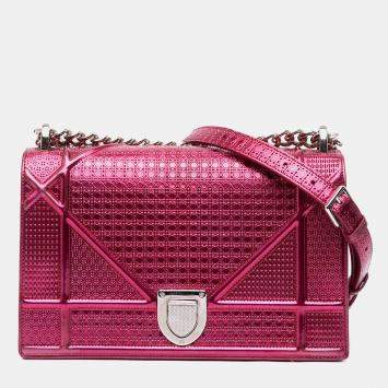 Pre Owned Dior Pink Medium Metallic Patent Microcannage Diorama Flap