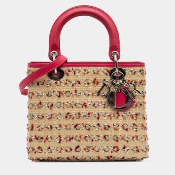 Pre Owned Dior Beige/Pink Medium Woven Raffia Lady Dior
