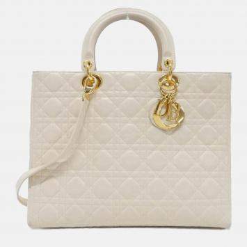 Pre Owned Christian Dior Lady Large White Lambskin Leather Handbag