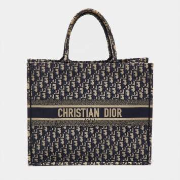 Pre Owned Dior Navy Blue Oblique Embroidered Canvas Large Book Tote