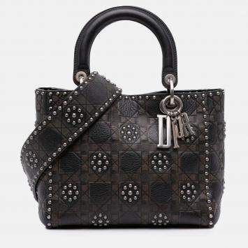 Pre Owned Dior Brown Medium Calfskin Cannage Embossed Flower Studded Supple Lady Dior