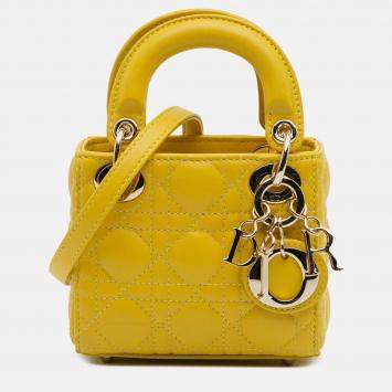 Pre Owned Dior Yellow Micro Lambskin Cannage Lady Dior