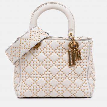 Pre Owned Dior White Medium Calfskin Cannage Studded Supple Lady Dior