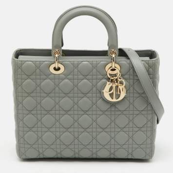 Pre Owned Dior Light Grey Cannage Leather Large Lady Dior Tote