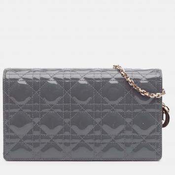 Pre Owned Dior Grey Patent Cannage Lady Dior Wallet On Chain