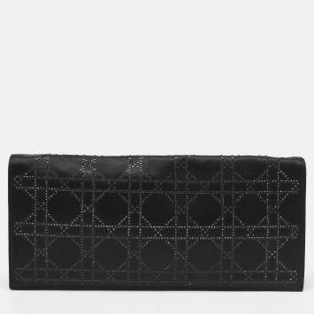 Pre Owned Dior Black Cannage Satin Crystals Lady Dior Chain Clutch