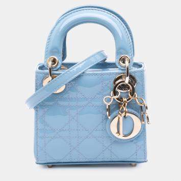 Pre Owned Dior Blue Micro Patent Cannage Lady Dior