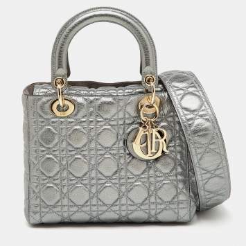 Pre Owned Dior Metallic Grey Cannage Leather Medium Soft Lady Dior Tote